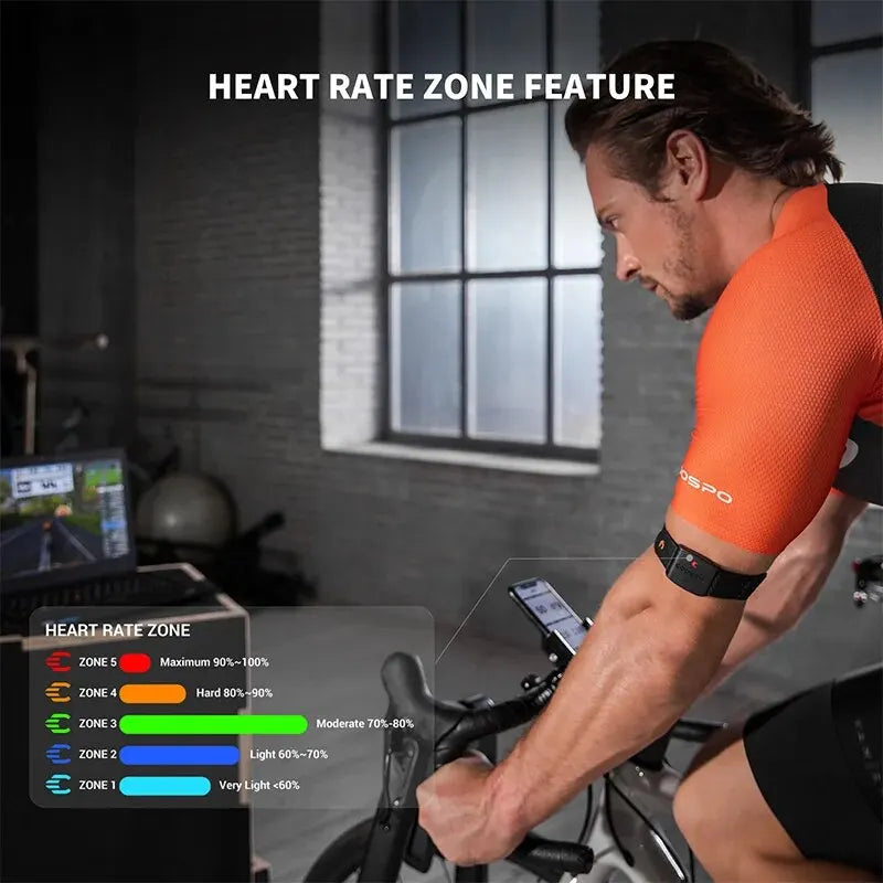 HW9 armband heart rate monitor on runner’s arm with wrist-mounted control unit