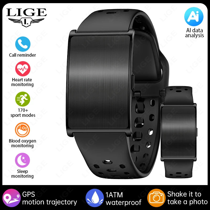 Black fitness bracelet smartwatch with extra silicone band, side-by-side view