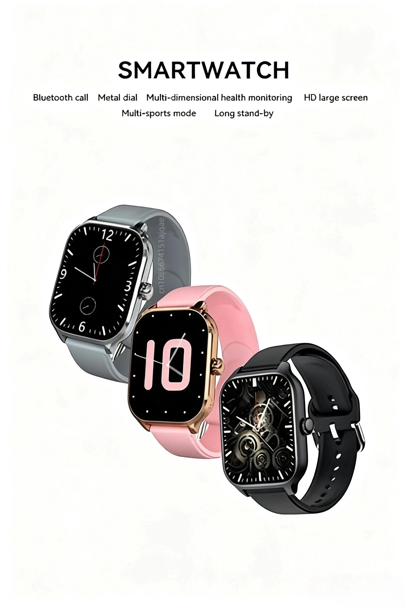 Smartwatch set with black, gray, and rose bands and large square displays