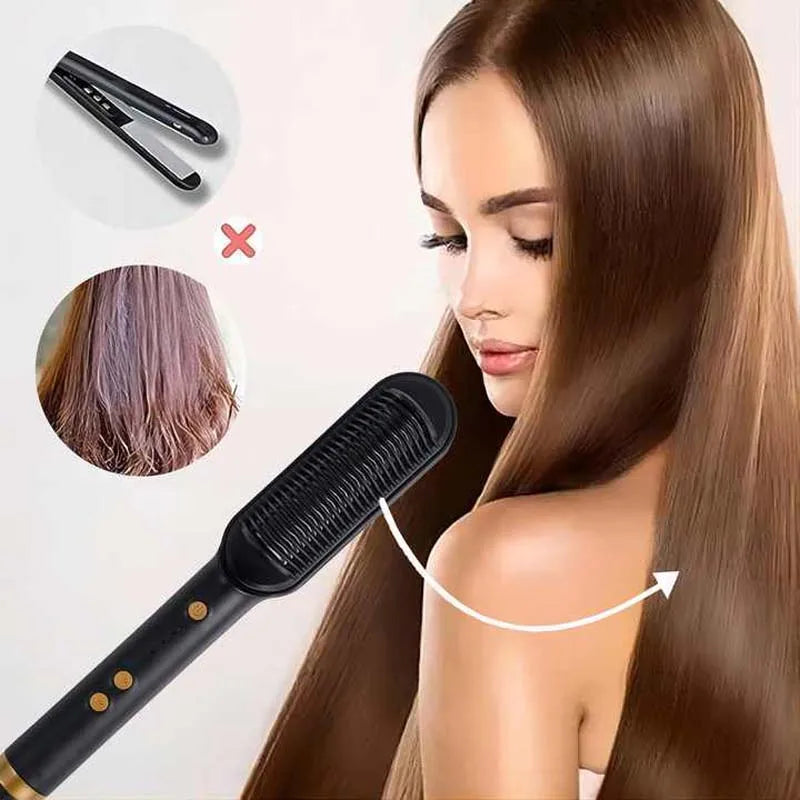 Black hot brush hair straightener comb brush smoothing long brown hair with cord