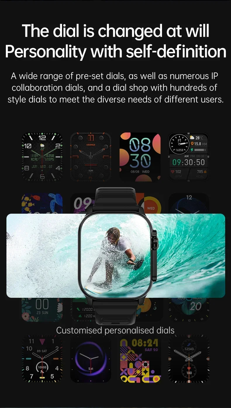 Smart watch with rectangular sports-themed dial, showing fitness stats on a screen.