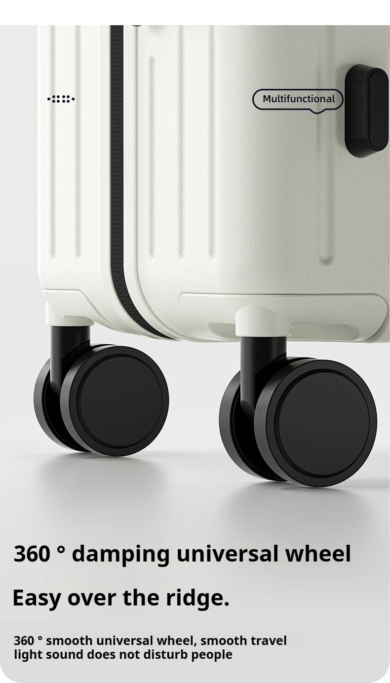 Side view of wheeled suitcase with 360-degree swivel wheels and dark trim