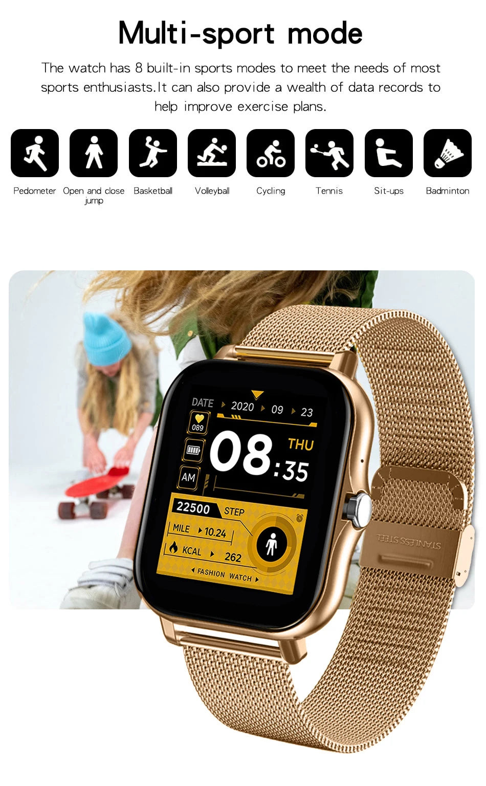 Gold mini smart watch with textured mesh strap and square fitness display