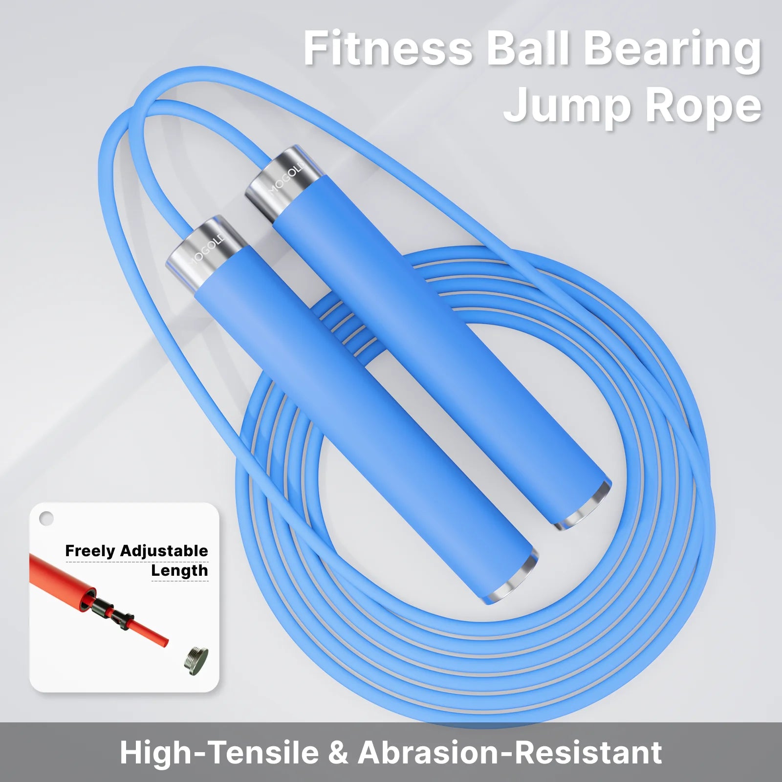 Professional jump rope by Cedar & Moore with blue handles, adjustable length and dual ball bearing system for cardio