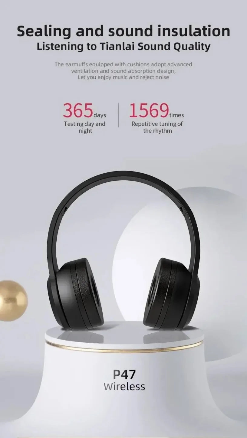P47 Wireless Bluetooth Headphones - Foldable Over-Ear with 6H Talk Time & Volume Control