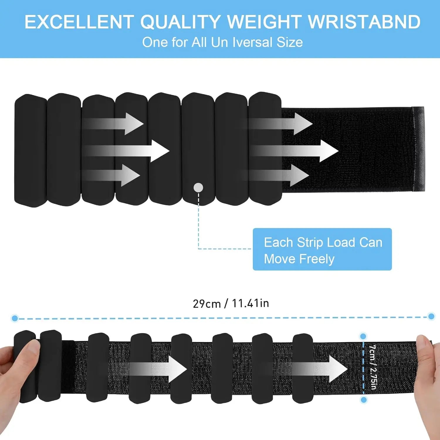 Adjustable wrist and ankle weights set, black segmented strips with hook-and-loop strap
