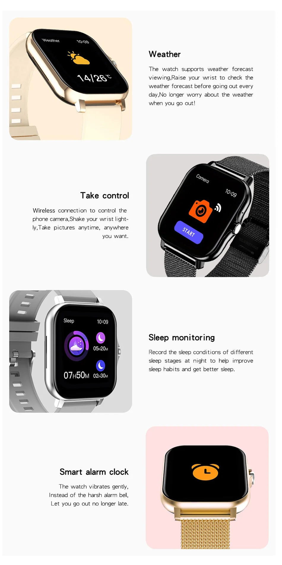 Gold and black mini smart watch with square screen, mesh and silicone bands shown