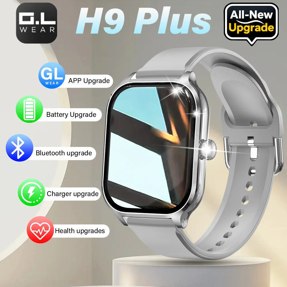 GL WEAR H9 Plus smartwatch with white strap and square touchscreen
