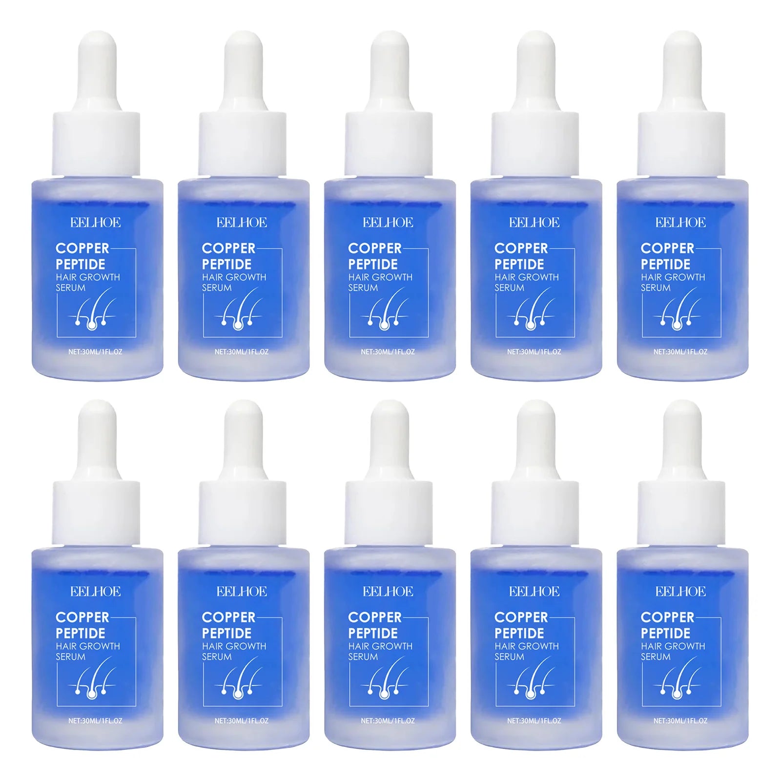 Multiple EELHOE copper peptide hair growth serum bottles with white droppers