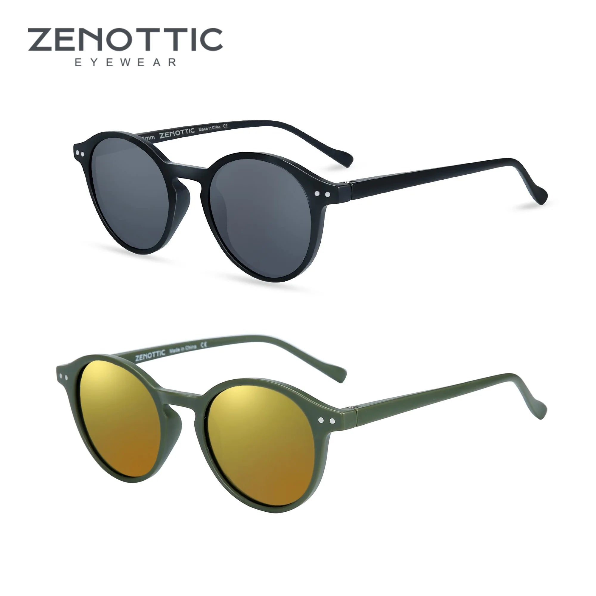 Small round sunglasses with black frame and dark grey lenses