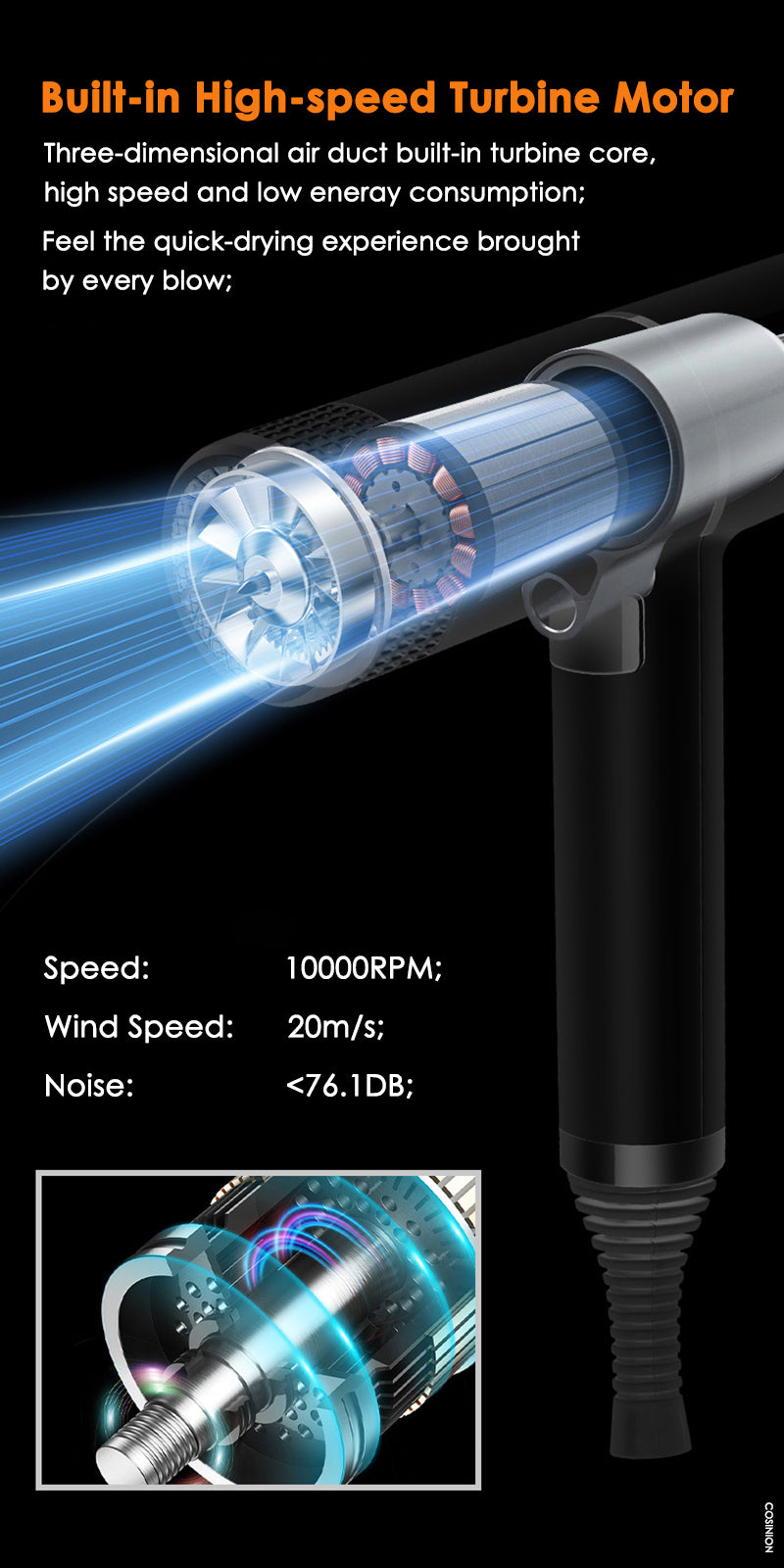 Professional hair dryer with transparent internal turbine motor cutaway