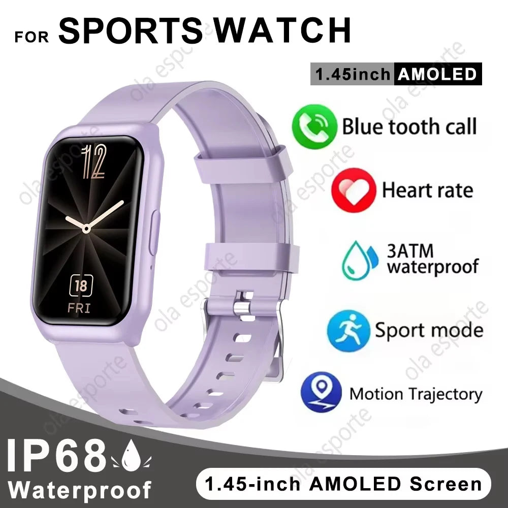 Purple smart watch with rectangular AMOLED display and silicone strap