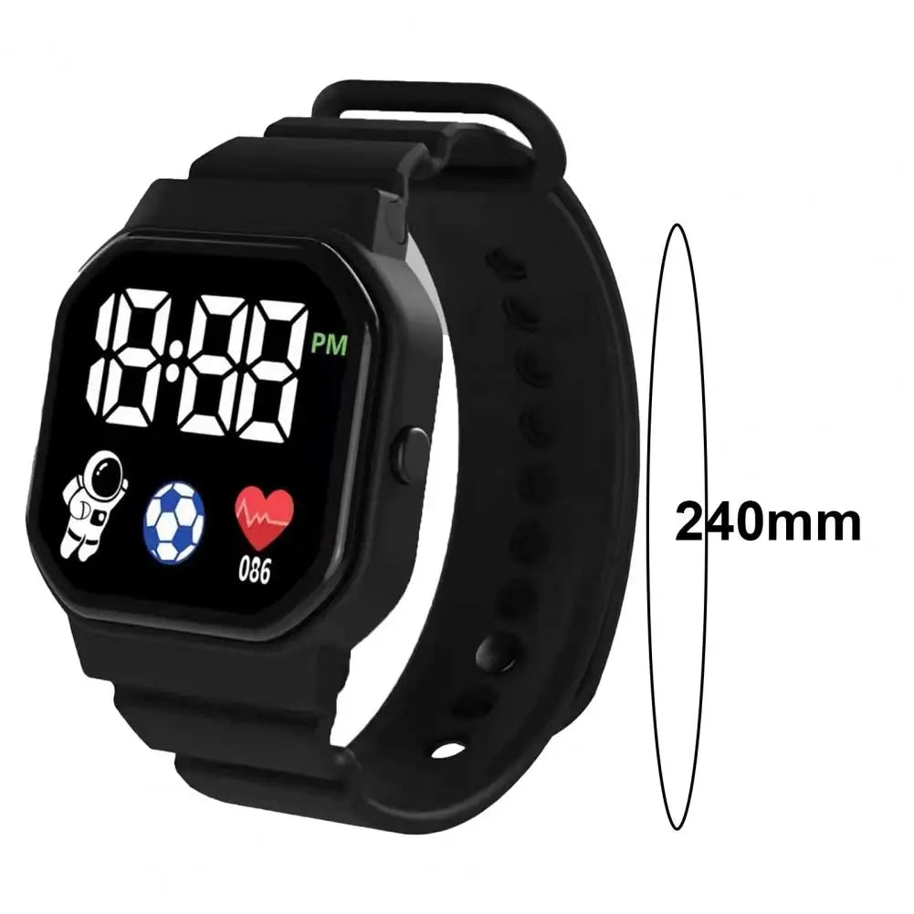Kids LED digital watch with black silicone strap and black square digital display