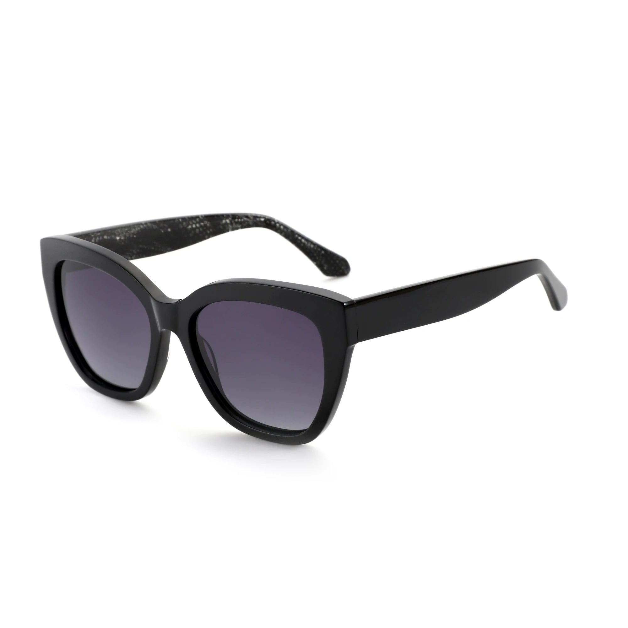 Cat-eye sunglasses with purple-tinted lenses and black frames