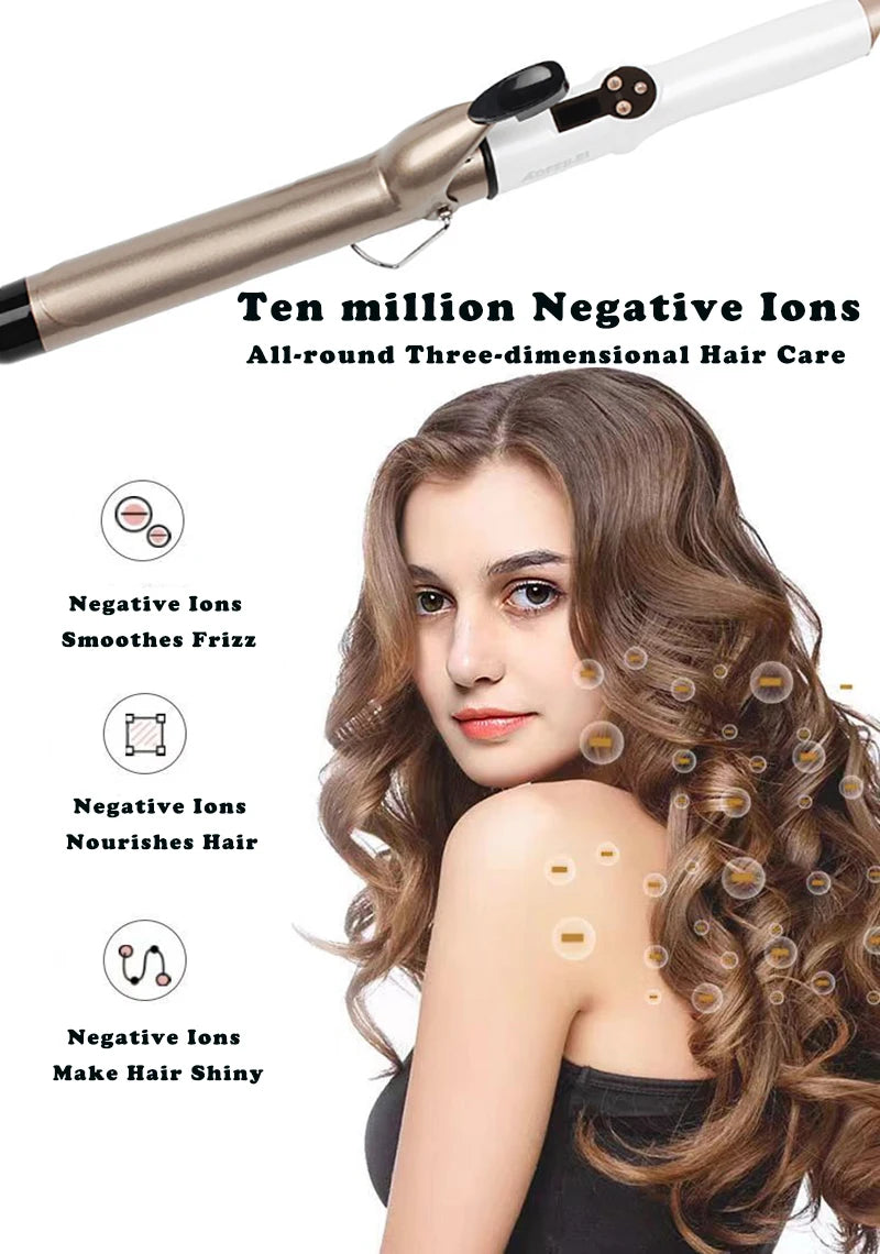 Professional Ceramic Hair Wave Curling Wand - LCD Display Curling Iron for Waves & Curls