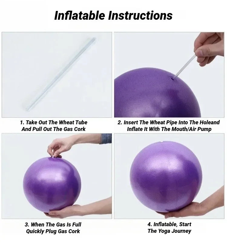 Purple inflatable yoga ball with inflation tube and hand pump
