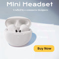White wireless earbuds in charging case, showing two in-ear stems