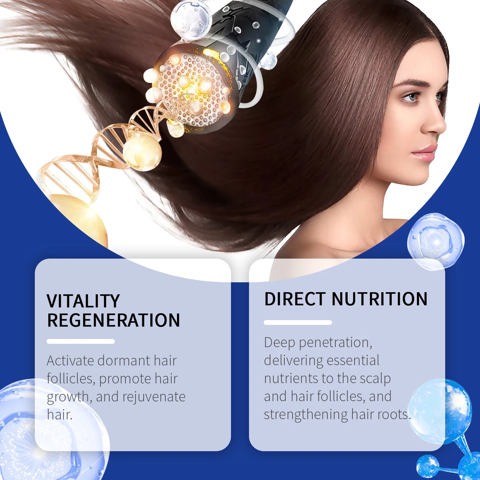 Hair serum application scene with woman and floating nutrient droplets near hair