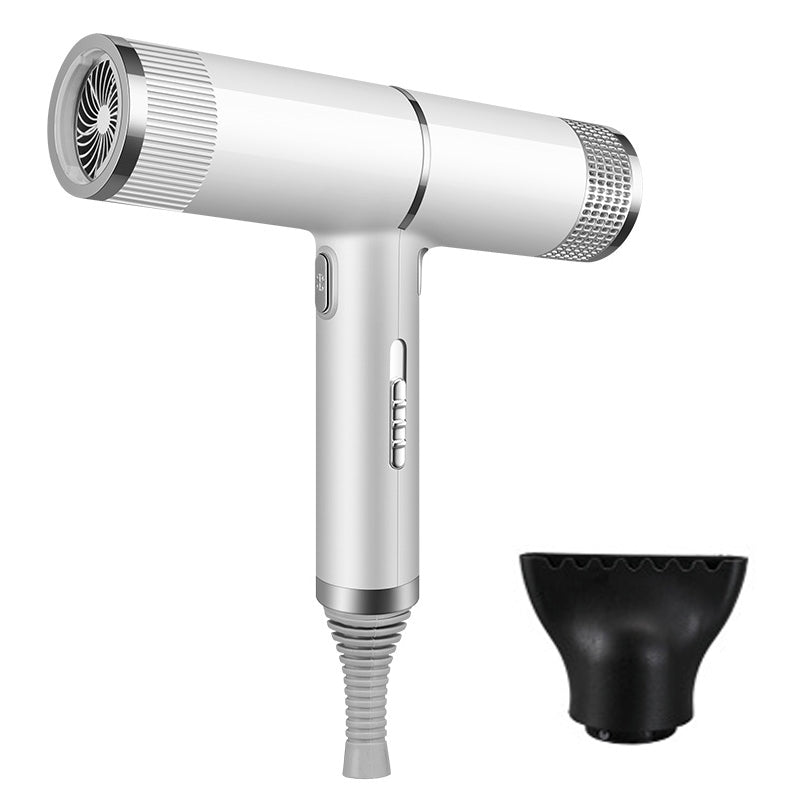 White hairdryer with black diffuser nozzle and flexible cord