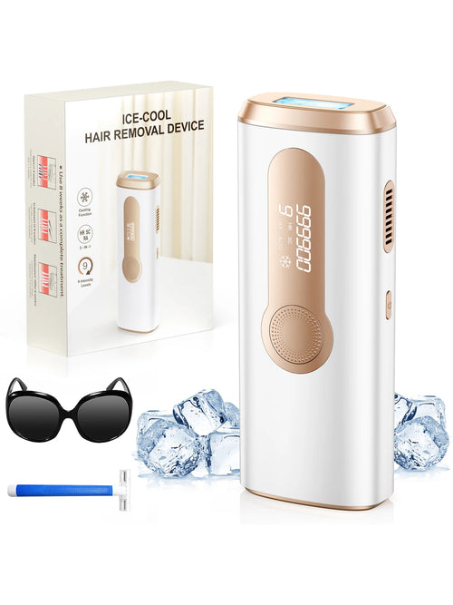 Ice-cool IPL hair removal device, white with rose-gold accents, with blue roller and goggles