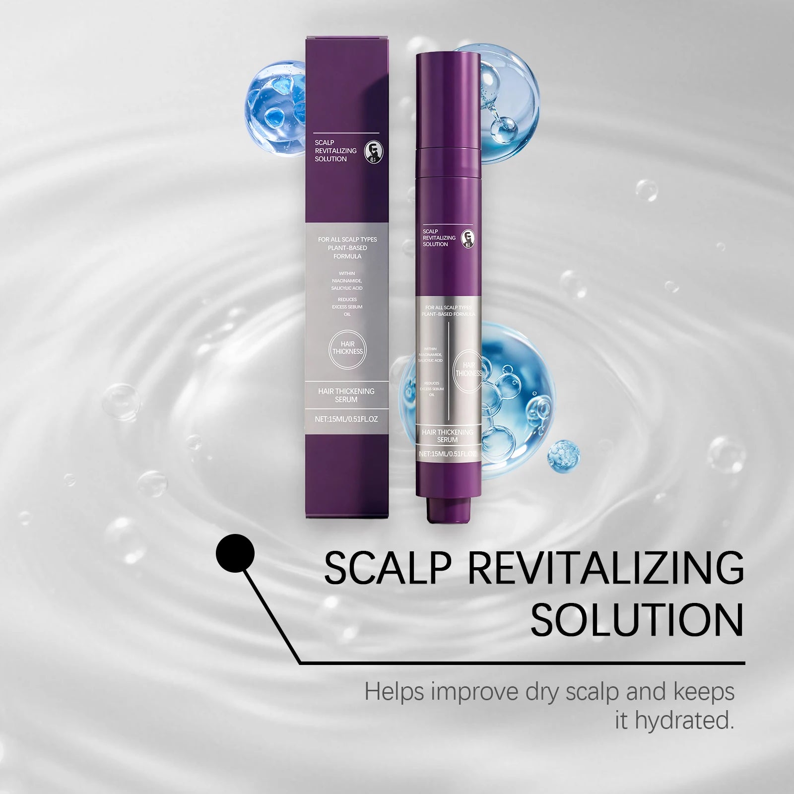 Scalp revitalizing solution tube and box with hydrating bubbles graphic