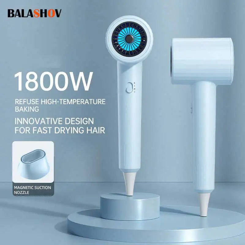 Light blue electric hair dryer with circular vent and nozzle