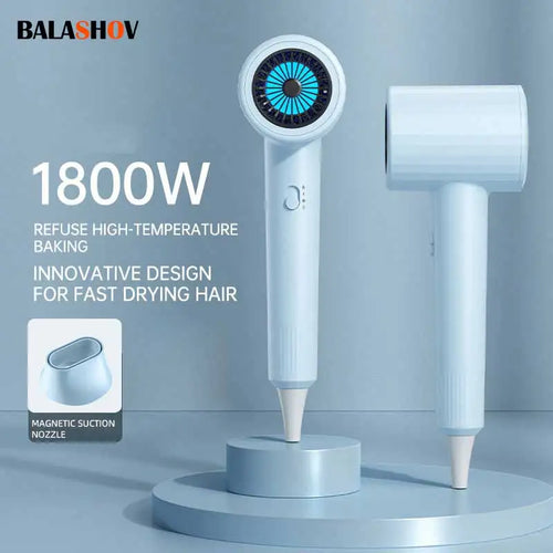 Light blue hair dryer with concentrator nozzle and round vented intake