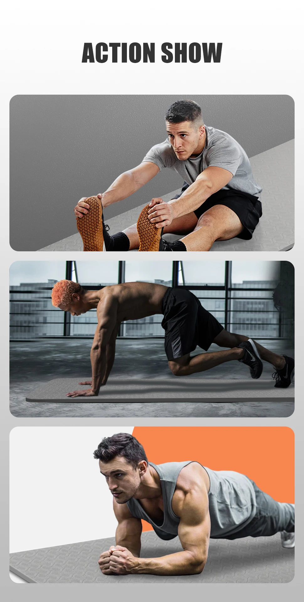 Gray TPE yoga mat with textured non-slip surface used for floor exercises