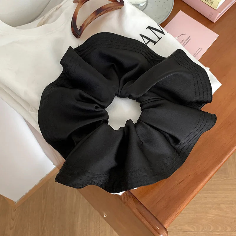 Black Pleated Large Hair Scrunchies - Elegant Fabric Ponytail Holders