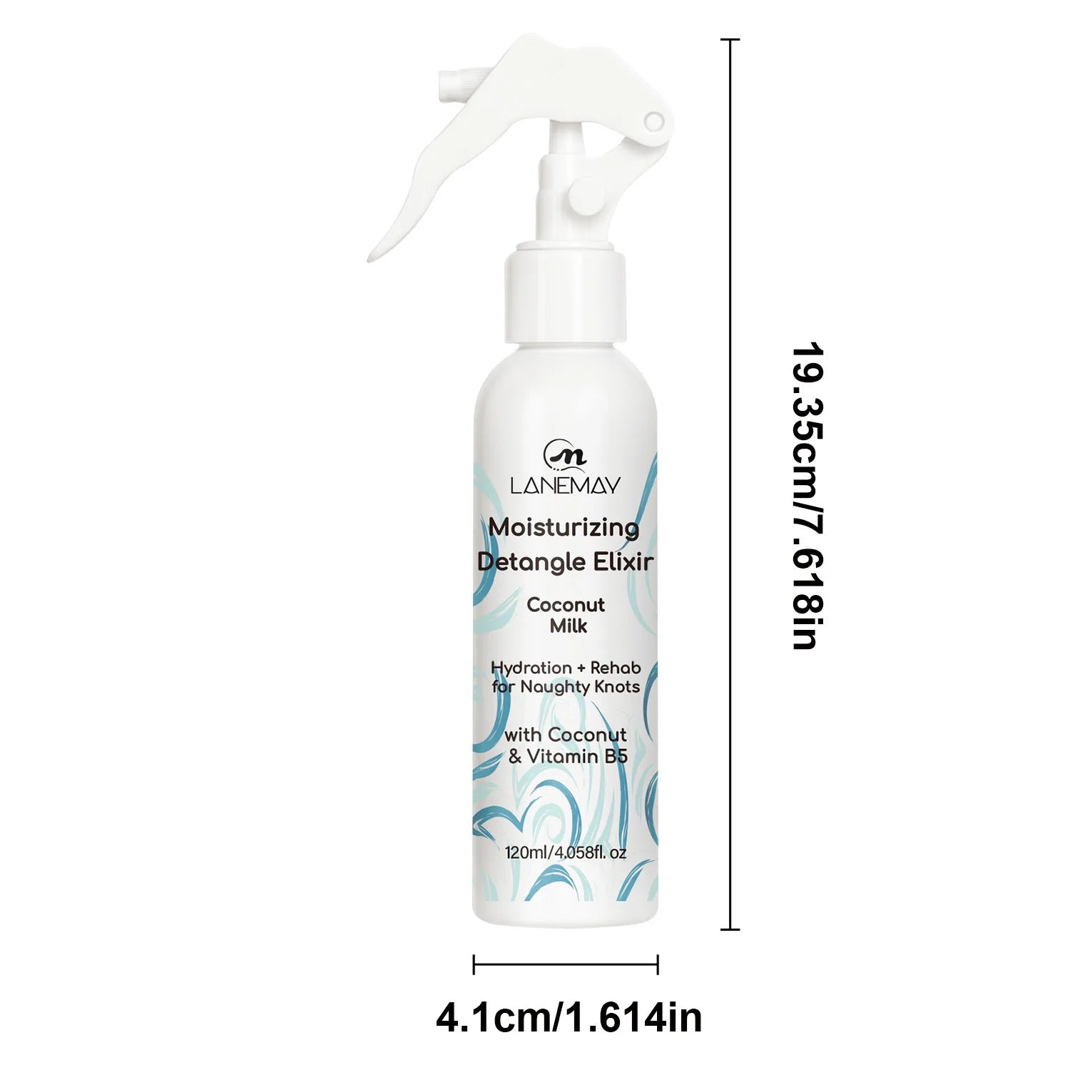 Coconut Oil Detangling Elixir spray bottle by Cedar & Moore, white bottle with teal swirls, 120 ml