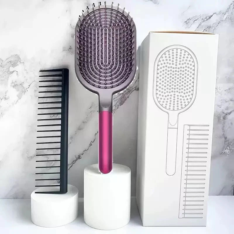 Scalp massage airbag hair comb with purple handle and round pin brush head