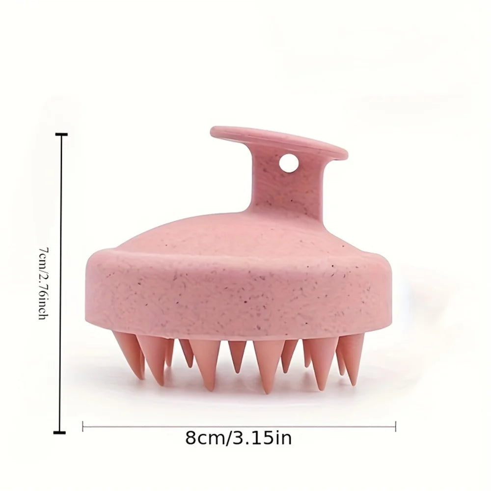 Pink silicone scalp massage shampoo brush, 8cm, with flexible bristles and handle loop