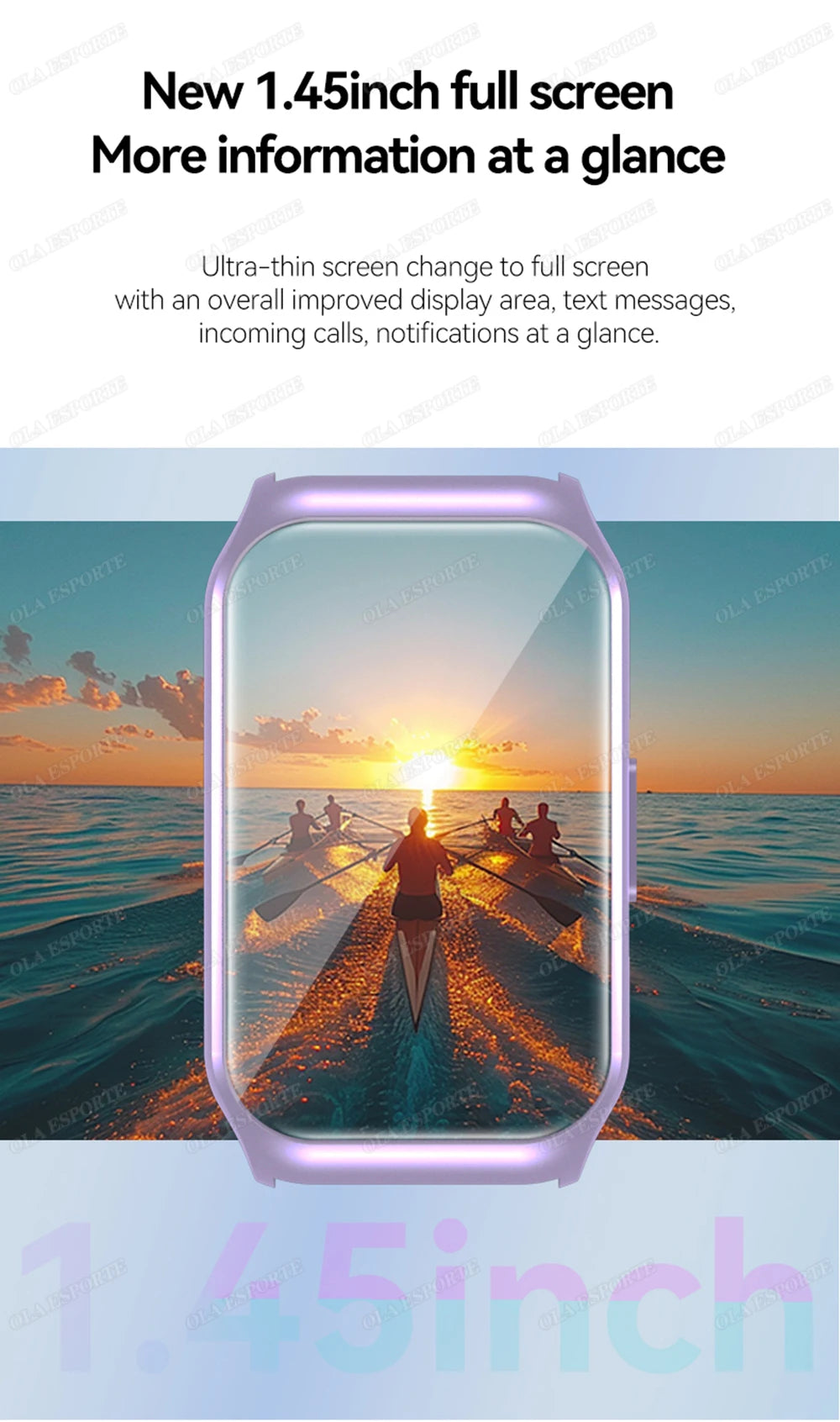 Purple smart watch with full-screen display and animated interface