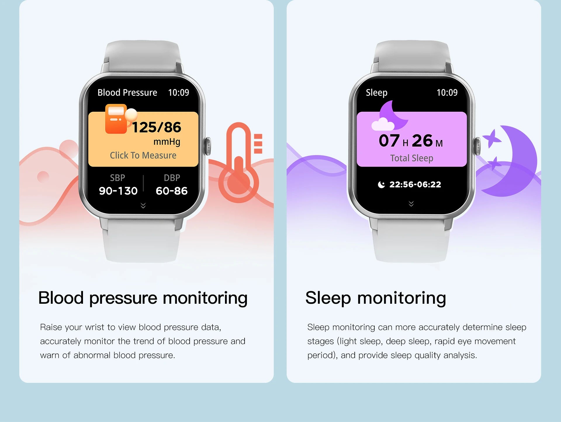 Smartwatch with white strap, showing blood pressure and sleep monitoring screens