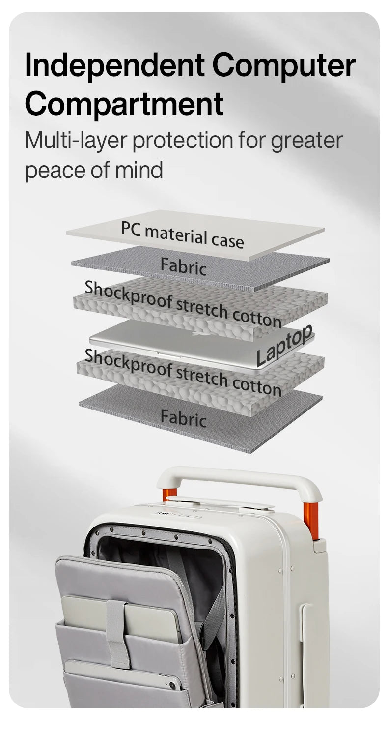 Carry-on trolley suitcase with independent computer compartment and shockproof layers