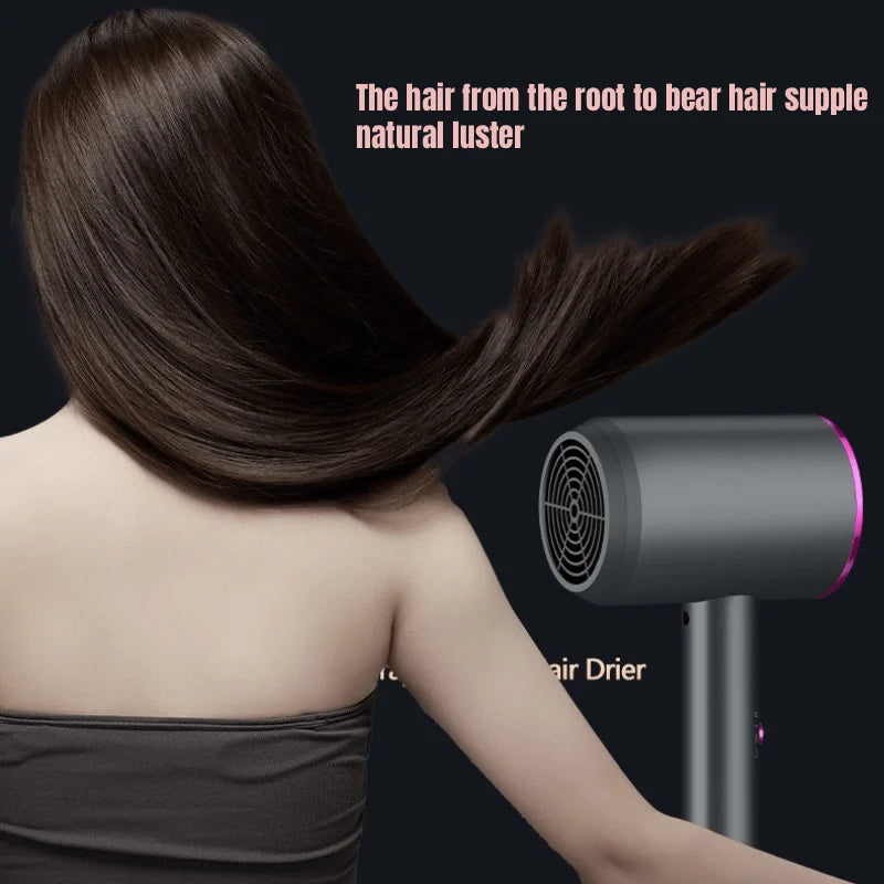 Hair dryer with purple-ring nozzle aimed at long brown hair near the shoulder