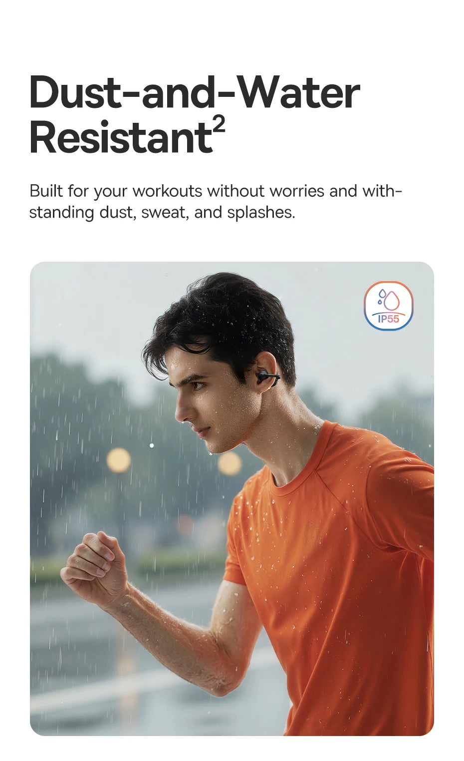 Water-resistant open-ear clip earbuds worn outdoors in rain