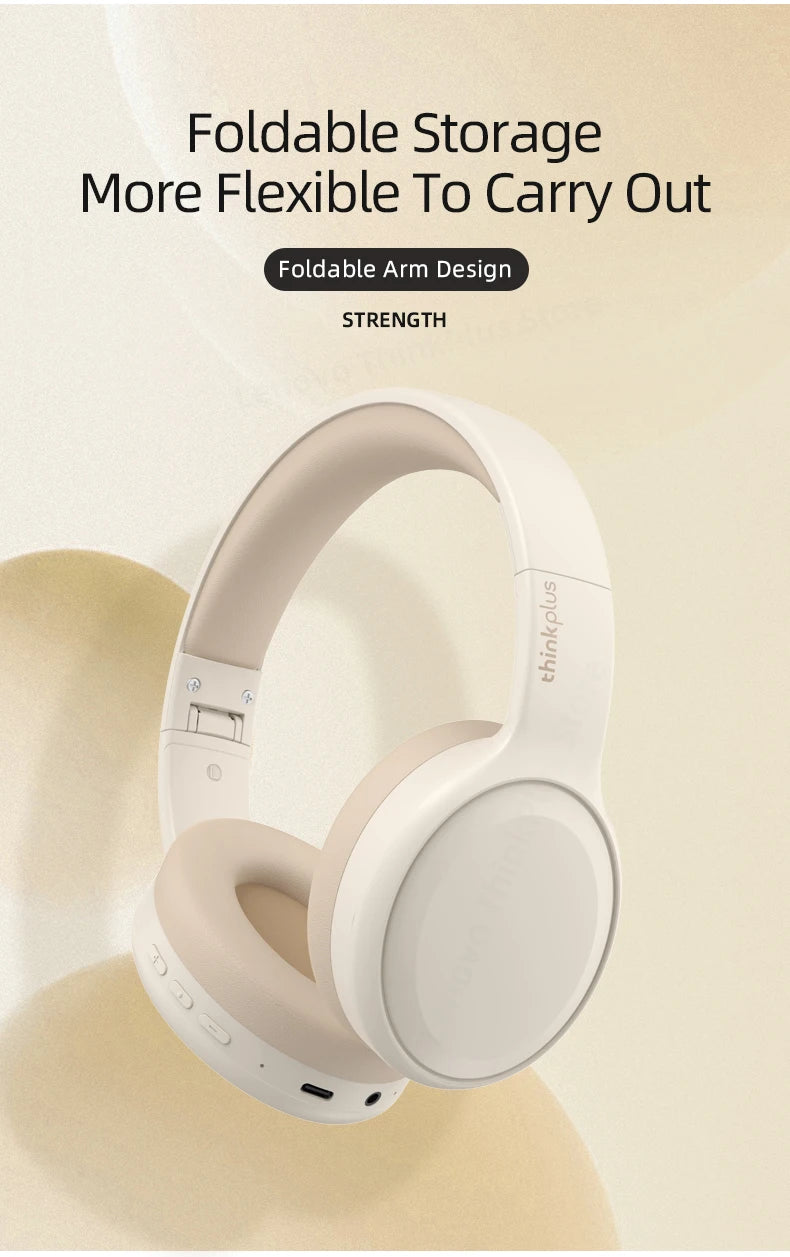 White foldable over-ear wireless headphones with adjustable earcups and control buttons