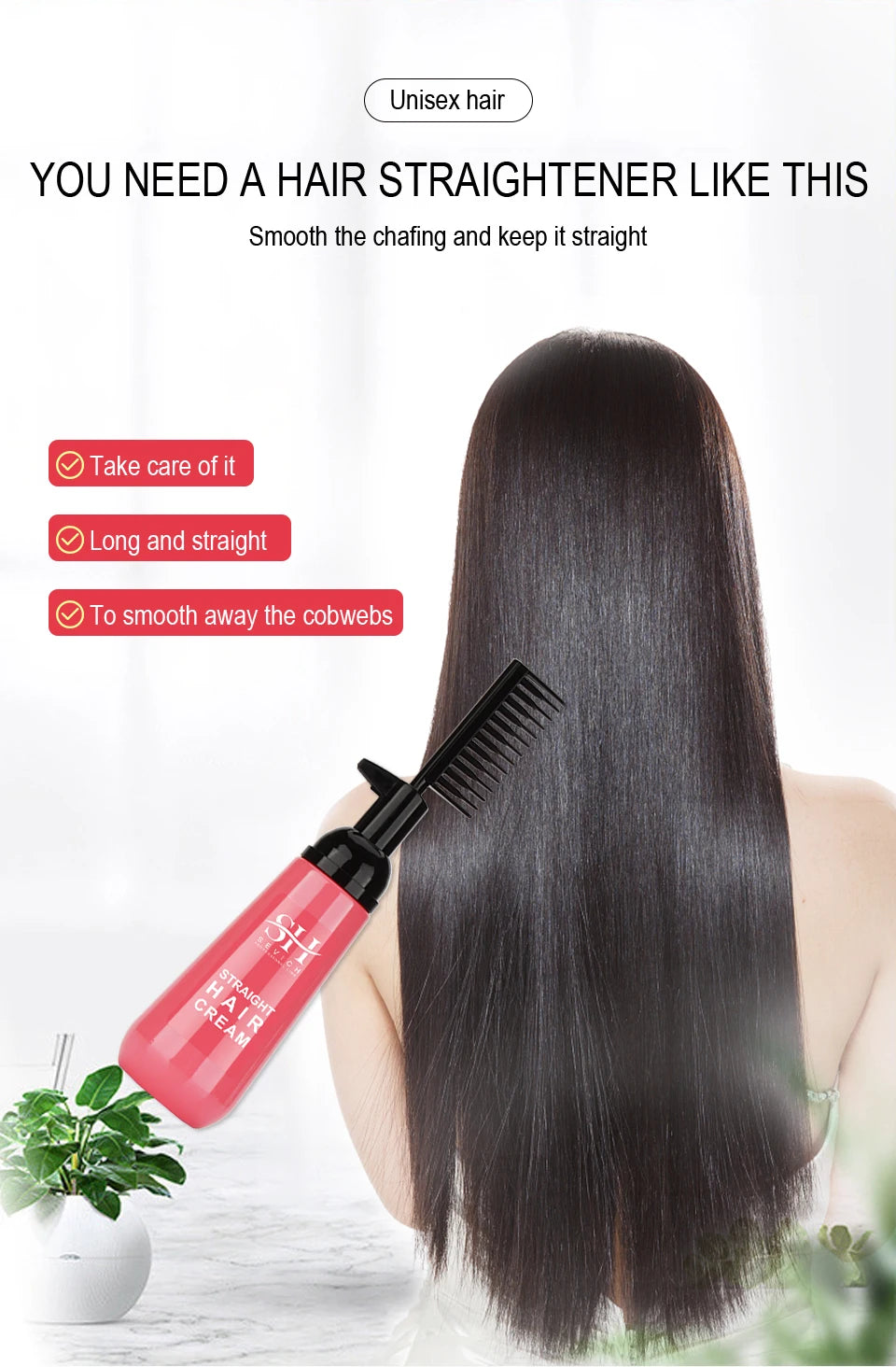 Sevich Keratin Straightening Cream with Comb pink bottle next to long straight black hair Cedar & Moore Hair Treatments