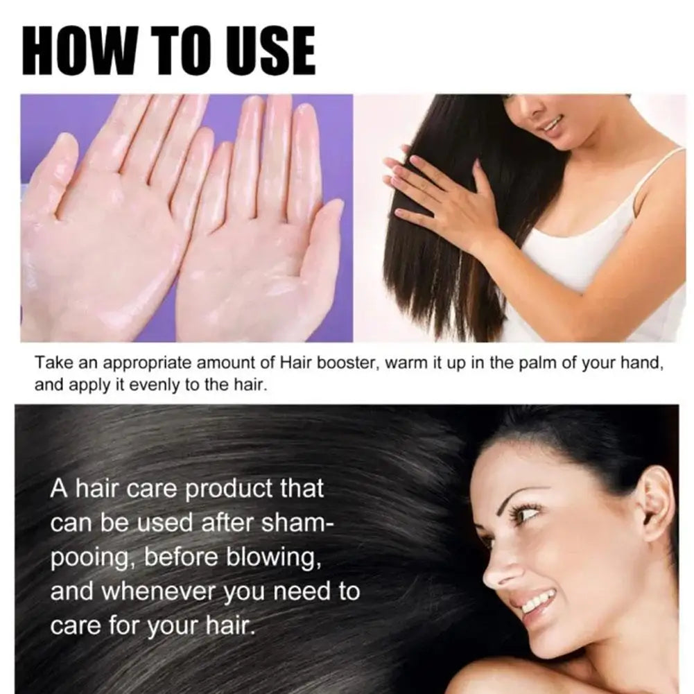 How to use hair serum graphic with hands and a woman applying to dark hair.