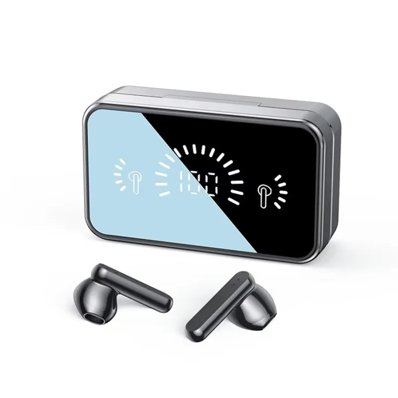 Bluetooth earphones charging case and two wireless earbuds, case closed