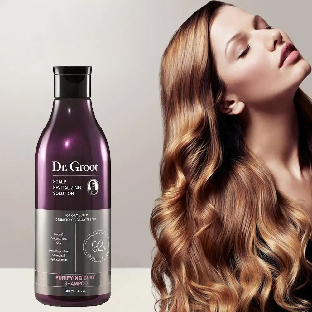 Dr. Groot Purifying Clay Shampoo bottle in purple with silver label