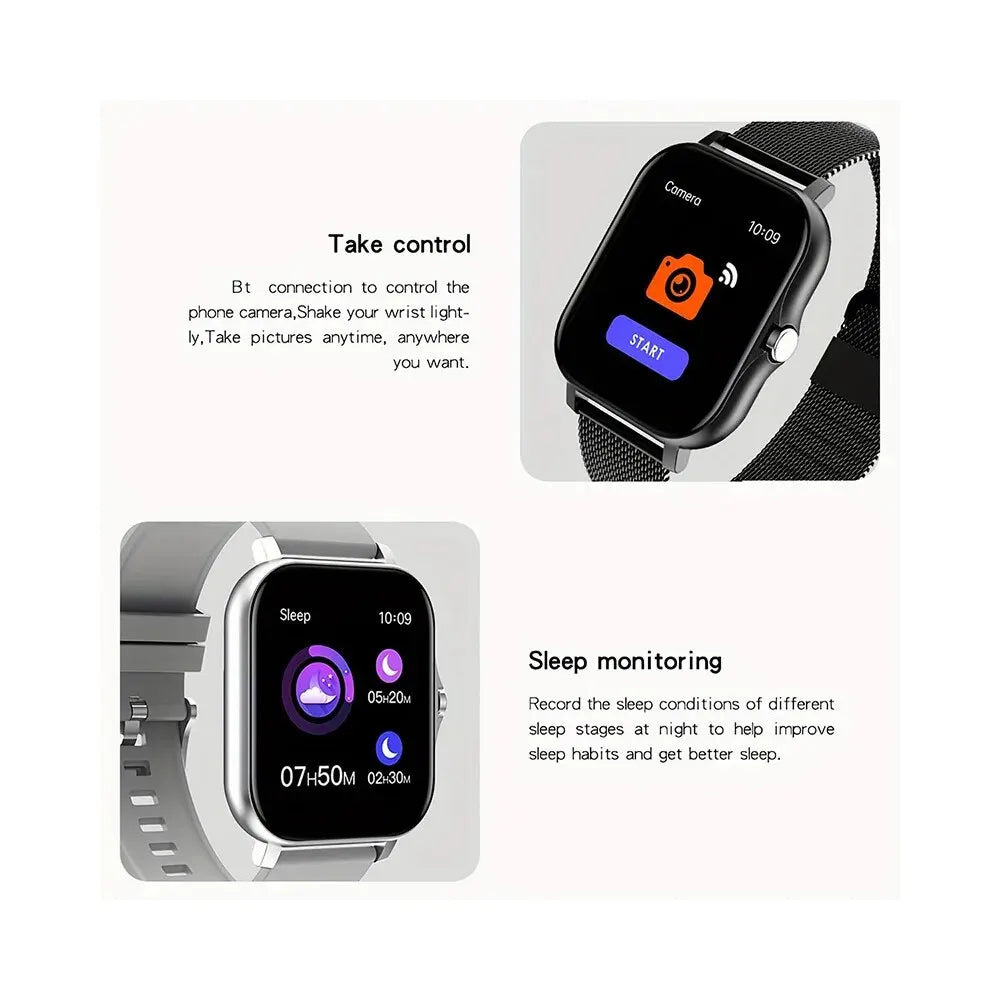 Black and silver smart watch with rectangular display and strap, sleep monitoring dial shown