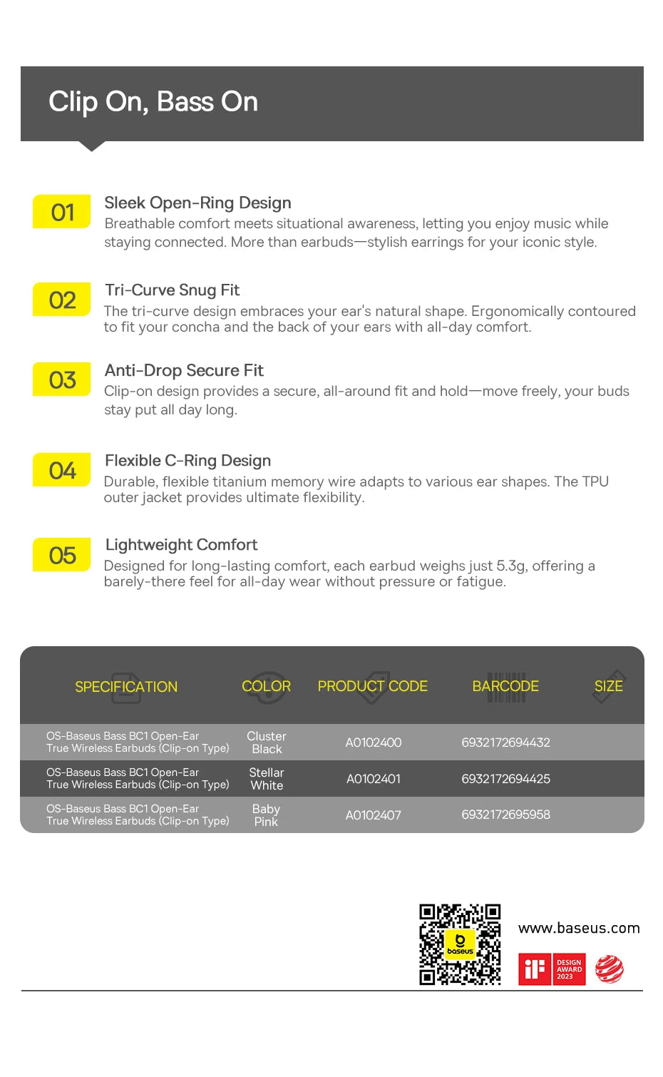 Open-ear clip earbuds feature callouts with specification and compatibility table