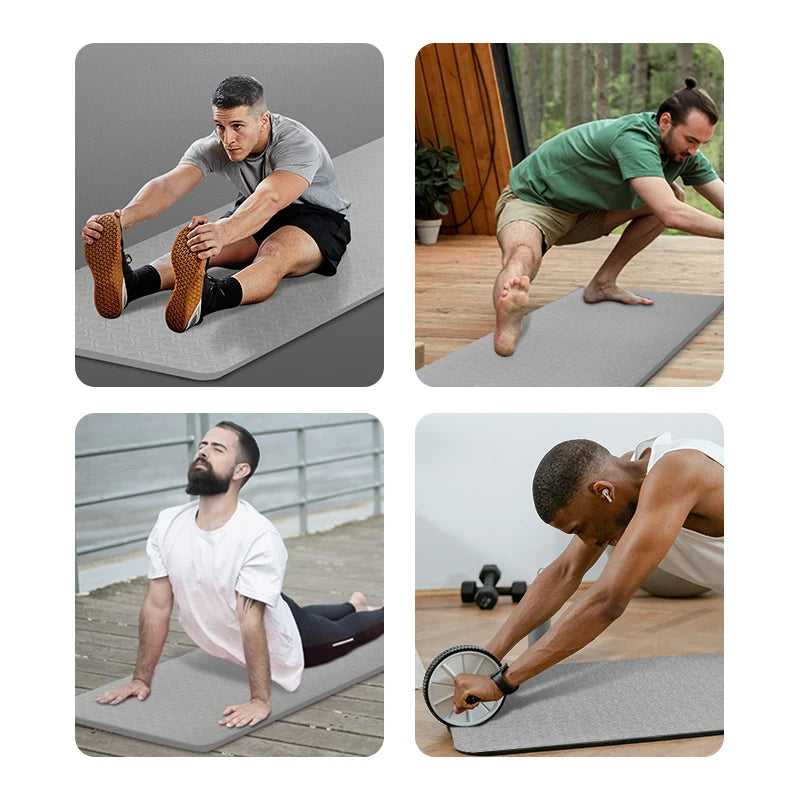 Gray non-slip exercise mat used for stretching, lunges, and strength workouts
