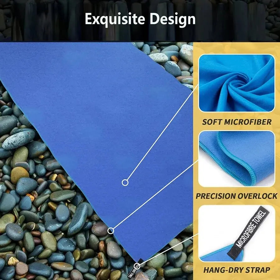 Blue quick-dry microfiber sports towel with hang-dry strap and precision overlock edge
