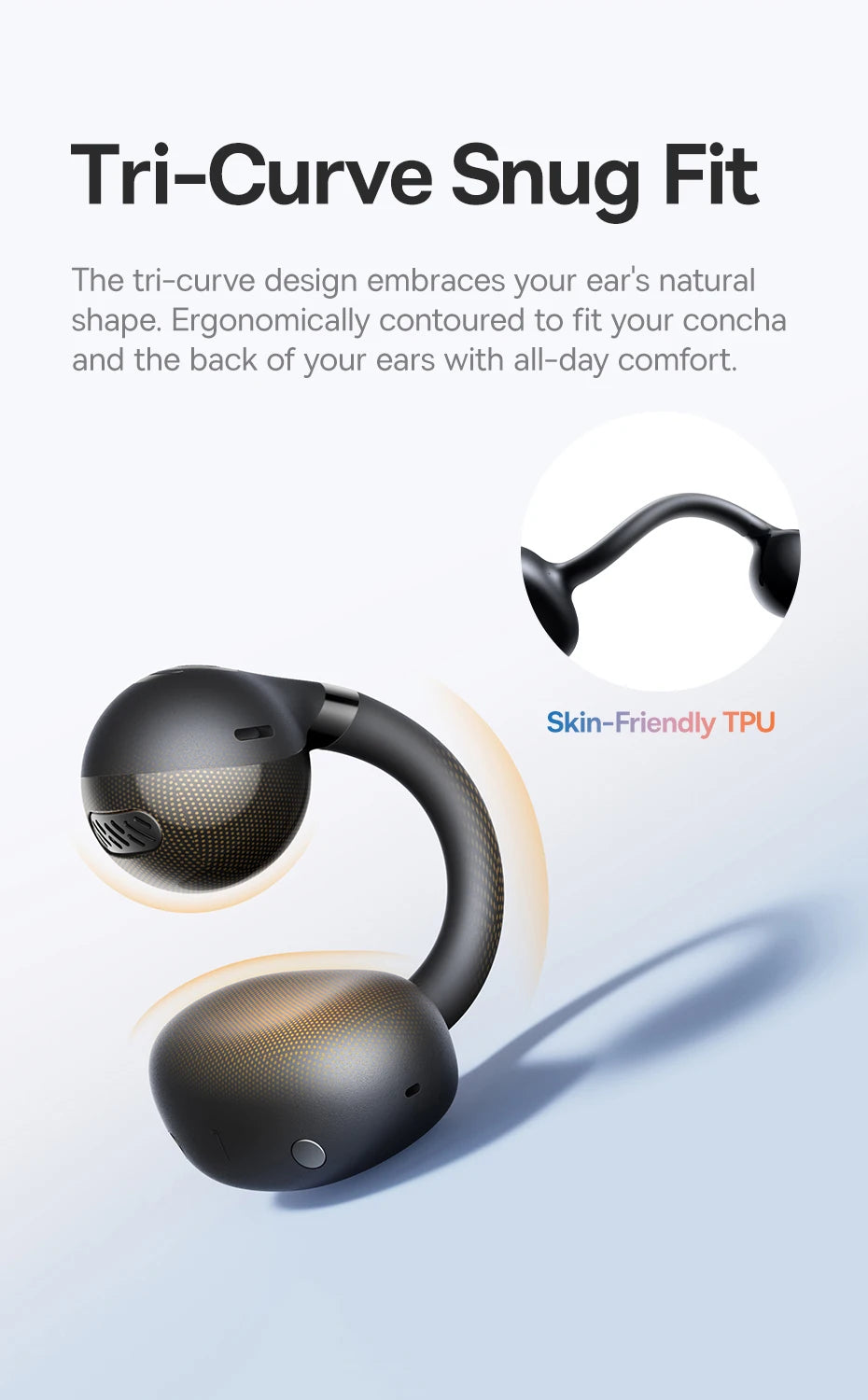 Black open-ear clip earbuds with curved TPU ear hooks