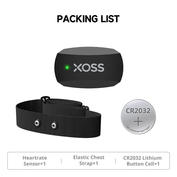 XOSS X2 Bluetooth Heart Rate Monitor Chest Strap kit: sensor ×1, elastic strap ×1, CR2032 battery ×1