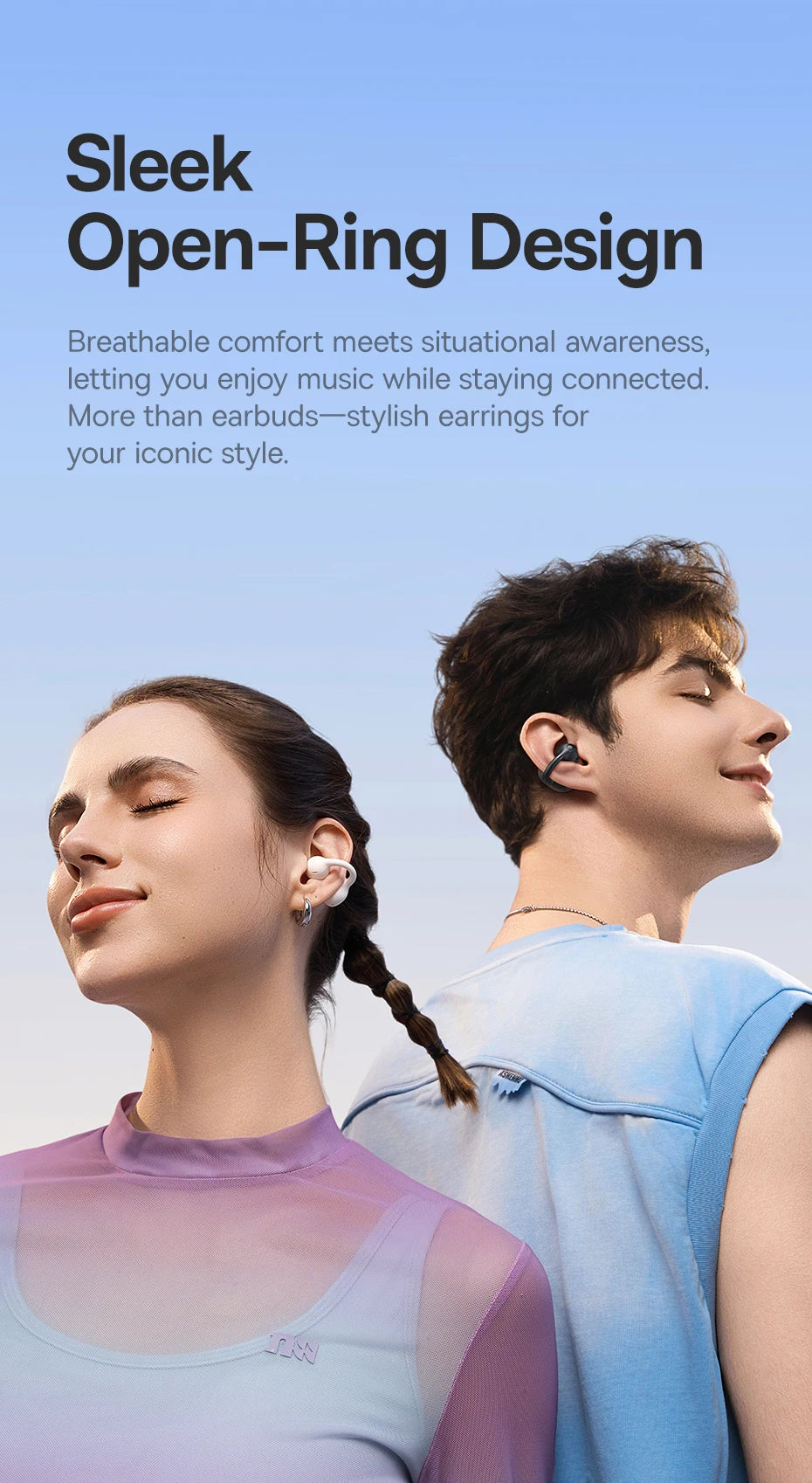 Black open-ear clip earbuds worn on two people, open-ring comfort fit