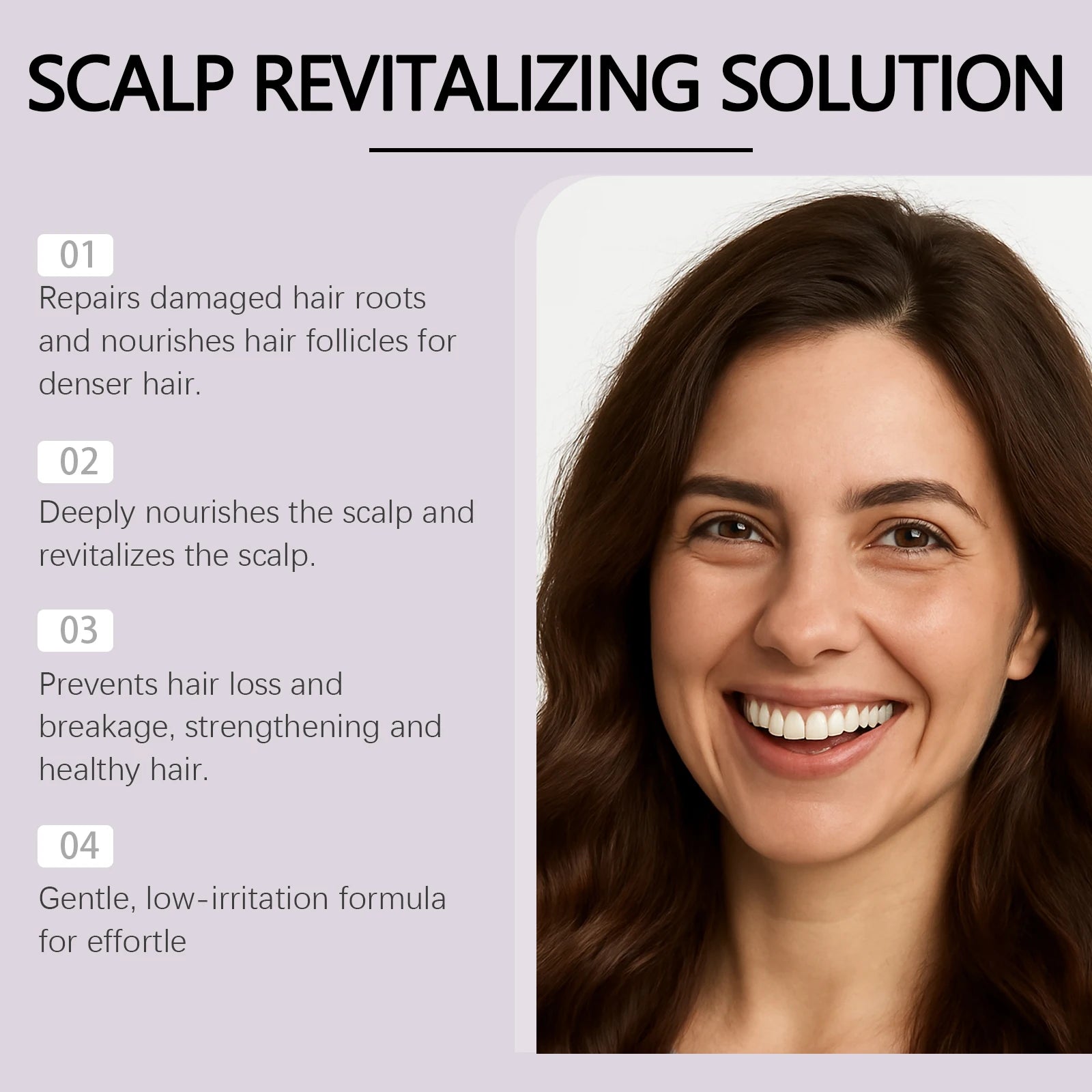 Scalp revitalizing solution label with 4 numbered hair and scalp benefits